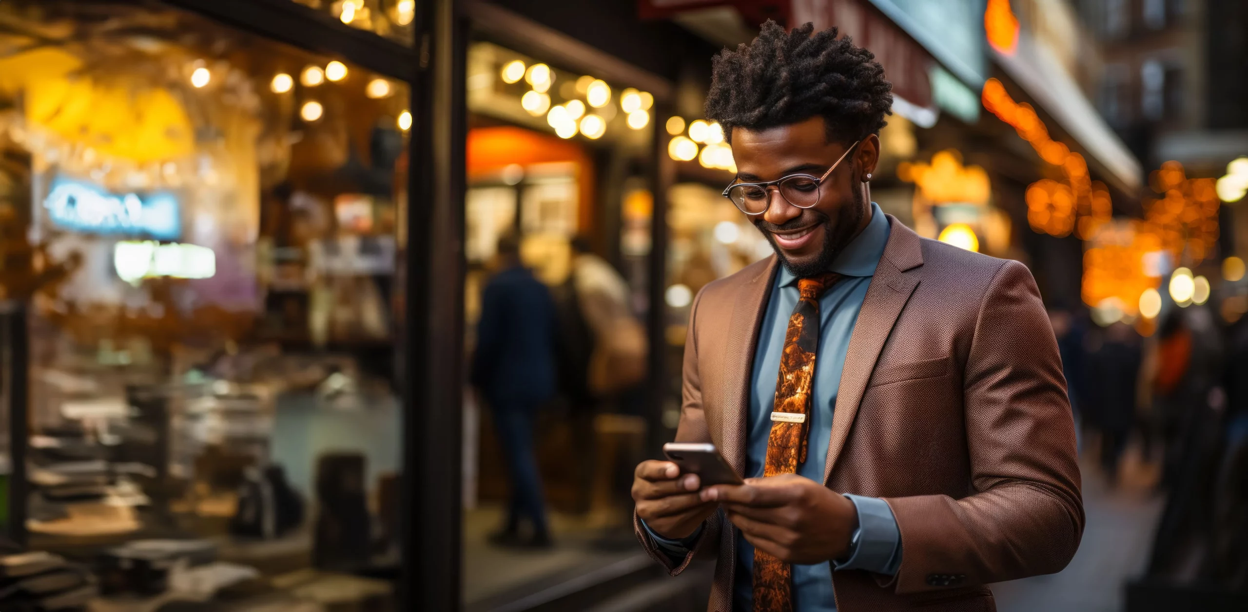 young-man-suit-smiling-reading-message-phone-while-standing-busy-evening-street (1)